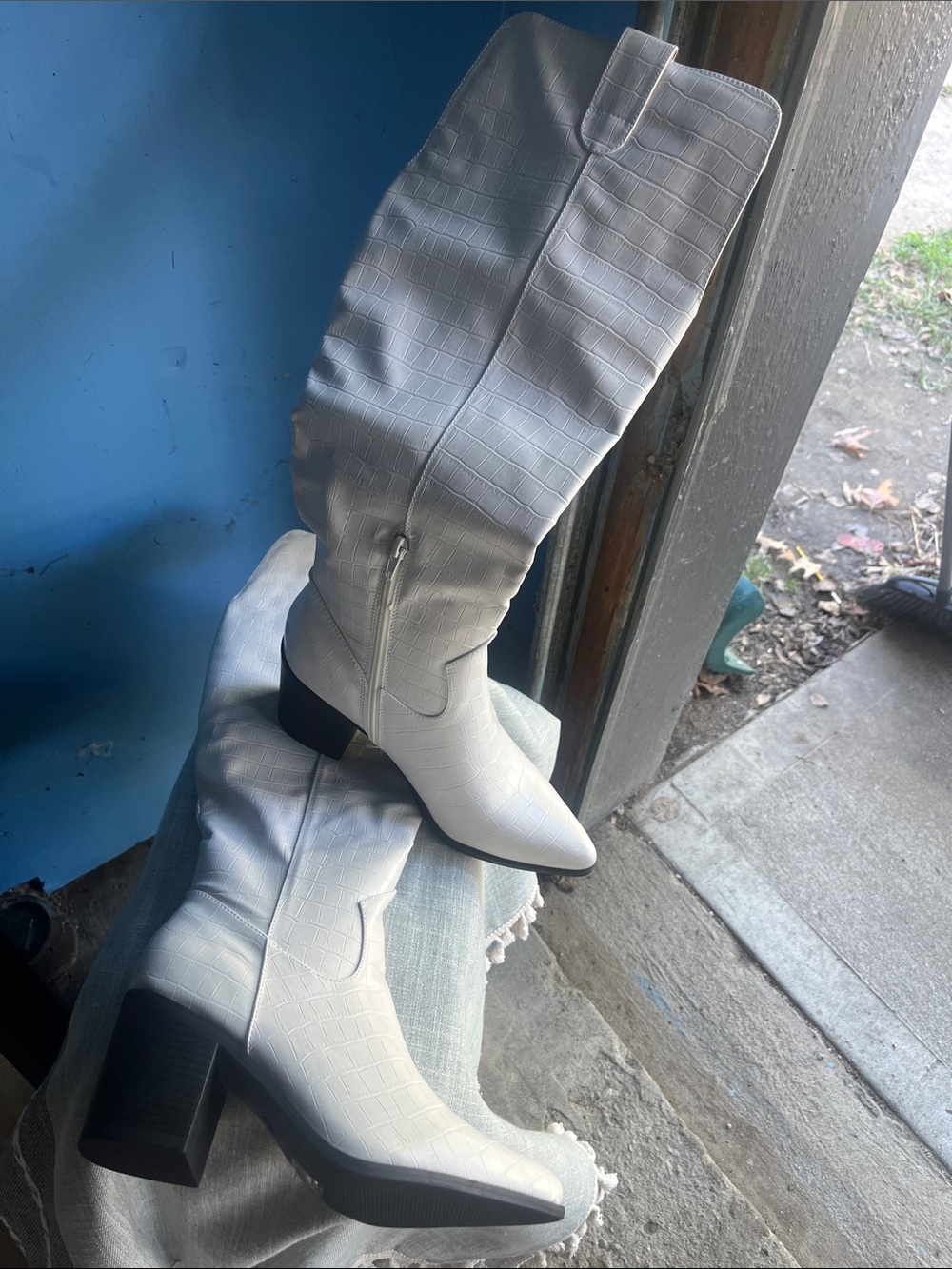 White Croc-Embossed Over-the-Knee Block Heel Boots